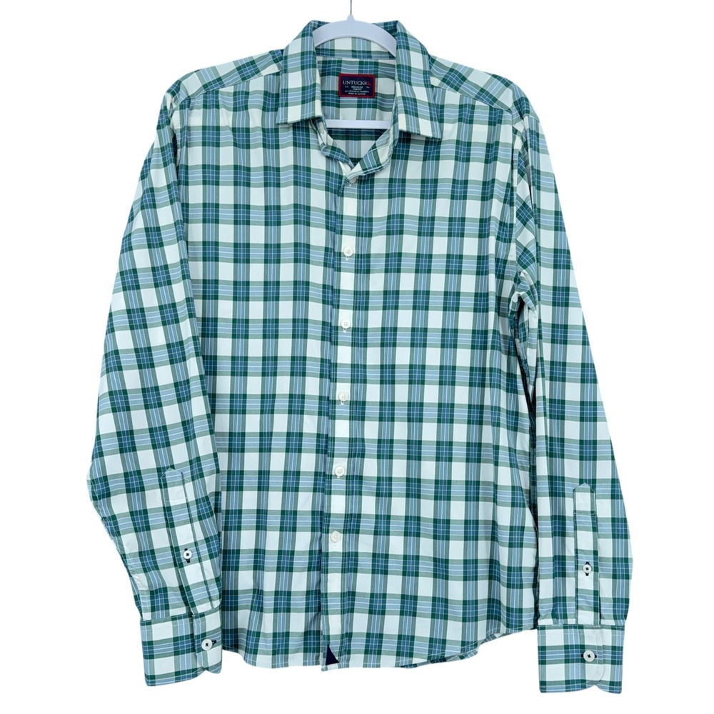 UNTUCKit Goutte Dor Button Down Men Medium Slim Fit Nylon Spandex Green Plaid